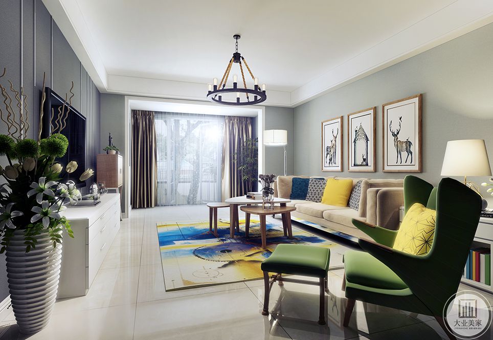 空间没有做多余的造型，简简单单，客厅色调很清爽舒适，一面浅绿色沙发背景墙，搭配色彩丰富的沙发，电视背景墙是深灰色，做了一些石膏线条造型，非常有质感。