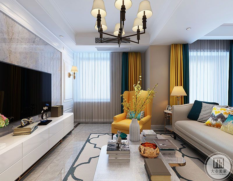 客厅空间运用了简美的元素，大理石和白色的护墙板相得益彰。