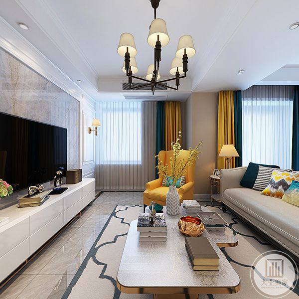 客厅空间运用了简美的元素，大理石和白色的护墙板相得益彰。