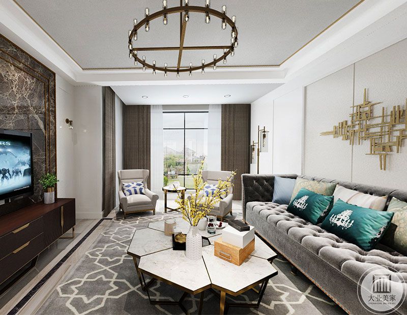 客厅、现代美式，白色和灰色的色调搭配，客厅连接着大阳台，采光更佳，使空间更加明亮