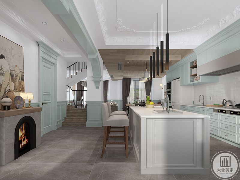 一层厨房、开放式厨房增加了视觉上的空间感，浅绿色定制橱柜对应整体空间效果，壁炉增加冬季空间的温度，轻奢风格效果图
