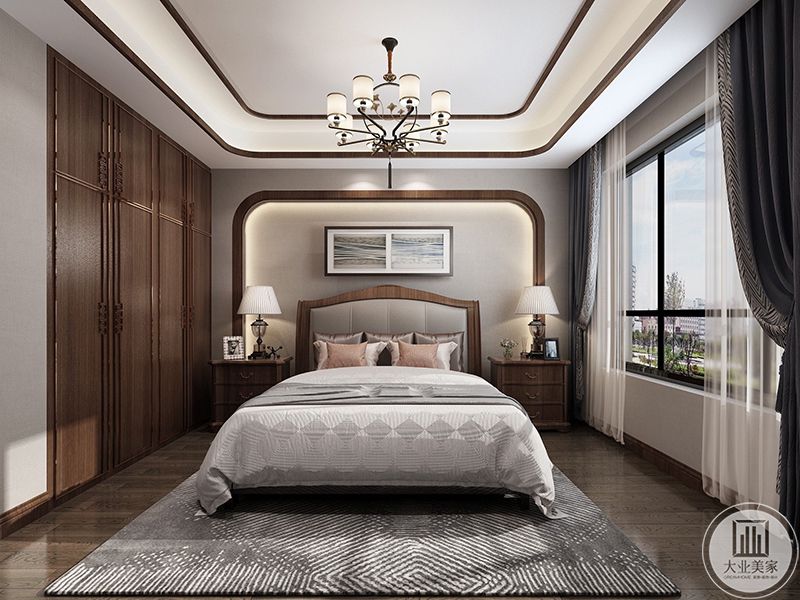 卧室、现代中式效果图，作为主人的房间依然以中国风的装饰风格，方方正正，规规矩矩