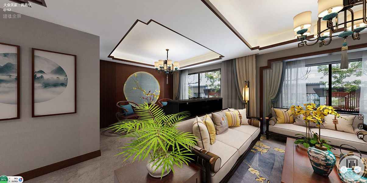 客厅、新中式风格效果图，现代的风格中透着中国特有的美感，古典的沙发背景墙装饰和阳台包边的复古设计，让人仿佛从嘈杂的都市中得到一丝的安静