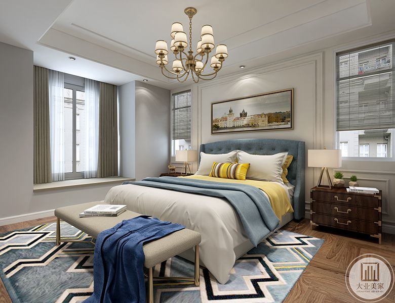 主卧室、现代美式风格效果图， 主卧室更加在意空间的舒适性与明亮感。色彩搭配比较鲜明，较为活力，更多的富有年轻人的风采