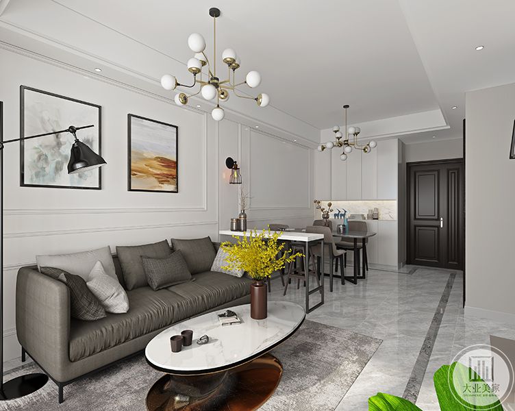 本方案整体呈白色基调，后期配软装，用鲜艳的色彩提亮。客厅一组灰色的三人布艺沙发，石膏线条勾勒简洁的造型，整个空间优雅，简洁，自然。