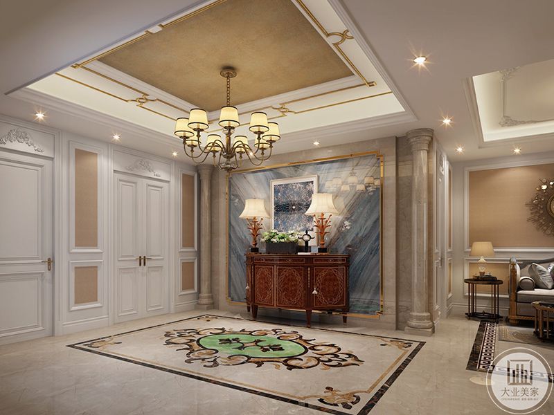 负一层门厅、美式风格效果，地下室门厅以大理石作为墙面装饰材料，光泽感极佳