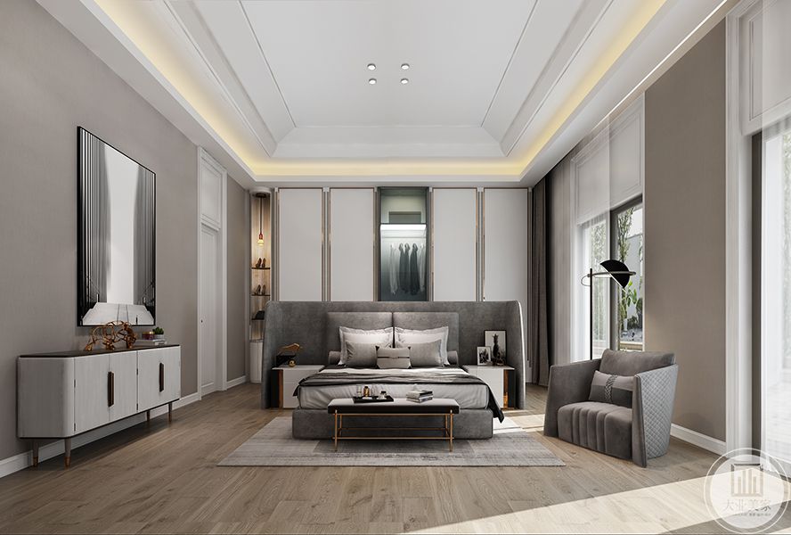 三层主卧、木地板铺贴，床头板与沙发、墙纸色相同，现代风格效果图
