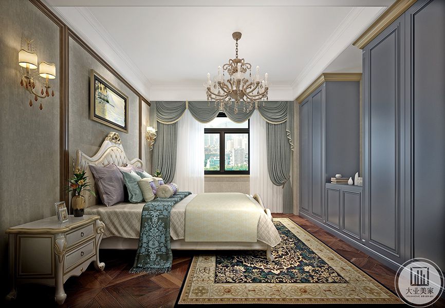 客卧欧式风格装修效果图  客房才用了沉稳的灰色和白色浅色搭配，墙纸作为装饰 ，充足的采光也使得房间明亮整洁