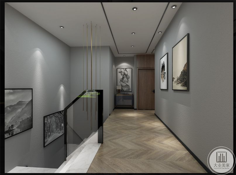 走廊、灰色墙纸铺贴加山水挂画装饰楼道墙面，鱼骨纹木板地面，增加空间的动感，现代简约风格装修效果图 