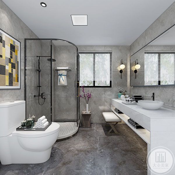 卫生间、配有淋浴房，灰色大理石砖铺贴墙面，白色大理石砖洗手台面，大玻璃镜面增加空间进深感，现代简约风格装修效果图 