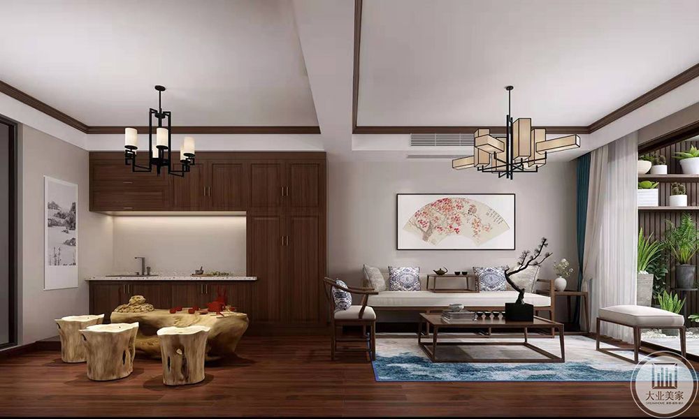 茶室+休闲室的整体设计以中式典雅稳重为基调，在材质上实木线条为主的造型衬托整体氛围。富有肌理的茶桌和茶台为整体中式风格，增添了一丝自然气息。露台的简单隔板，整面的绿植装饰，使空间更加凸显中国传统文化的；一步一景。