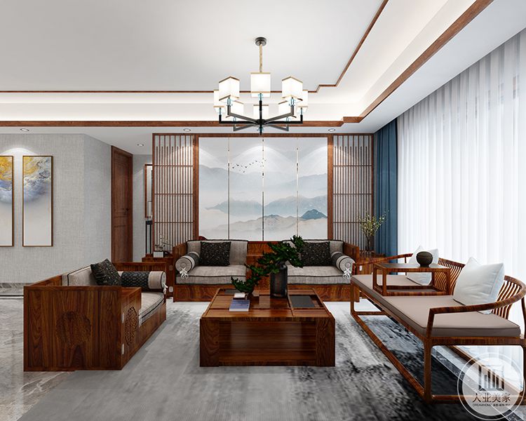 客厅摈弃中式复杂繁琐的装饰，以简练的线条勾勒出新中式的独特风格，沙发背景墙的山水画突显了古朴、典雅的东方独特韵味