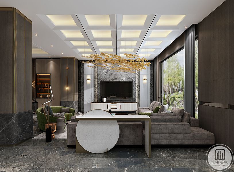 一层客厅，使用大面积石材，与家具相呼应，搭配中式九宫格吊顶。