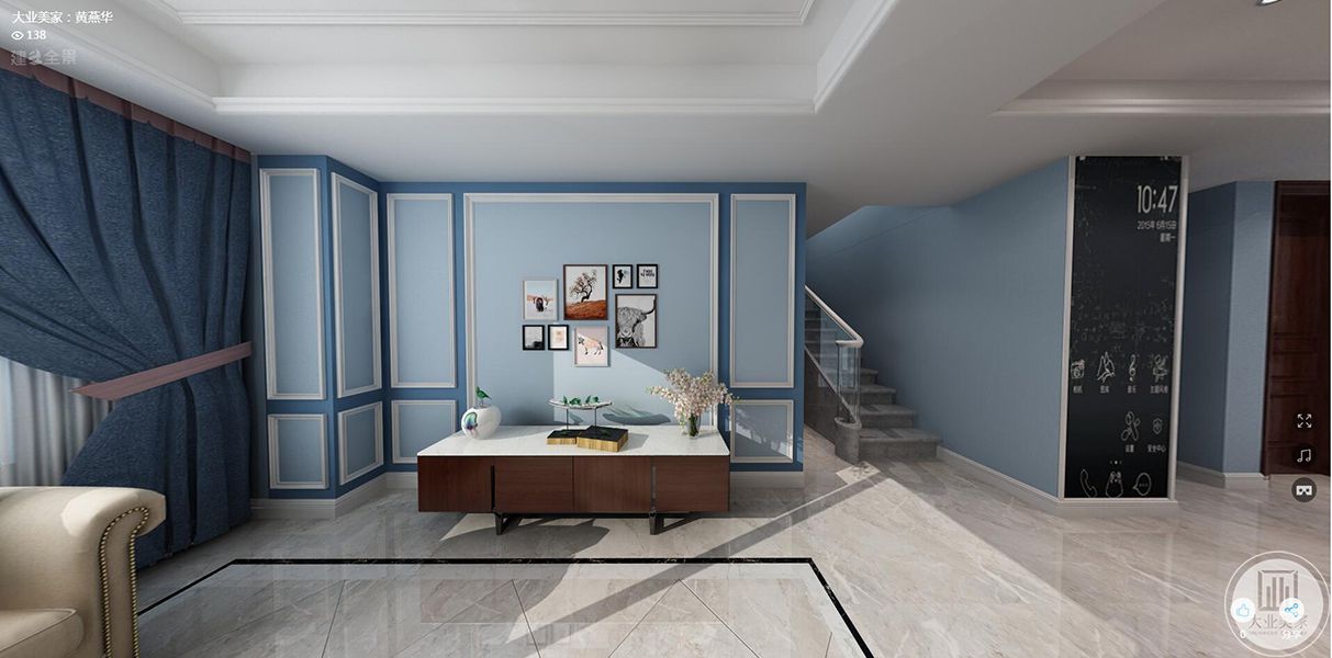客厅，整体以蓝白色浅蓝色搭配，室内整体采用嵌入式石膏吊顶一大理石作为地面装饰材料，光泽感极佳，柔和的色调来修饰