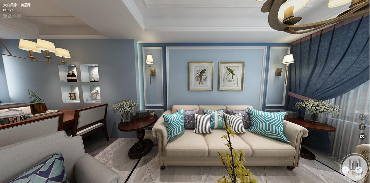 客厅1，米黄色沙发布艺，沙发背景墙面动物挂画装饰，米黄色边框线条搭配白色石膏线条简单装饰，深蓝色窗帘凸显空间亮色。