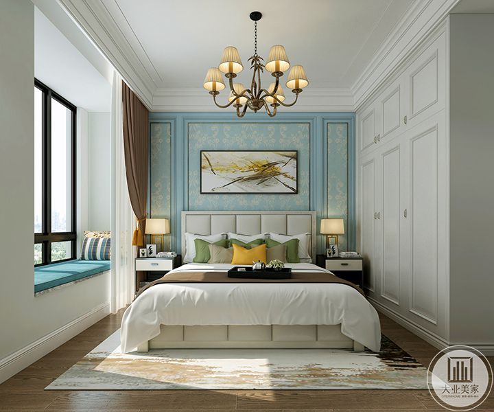 主卧浅蓝色的背景墙，保留了飘窗的设计，放上软装，自成一个休闲区域，空间主要白色和蓝色，清爽舒适，让休息的氛围更加自由。
