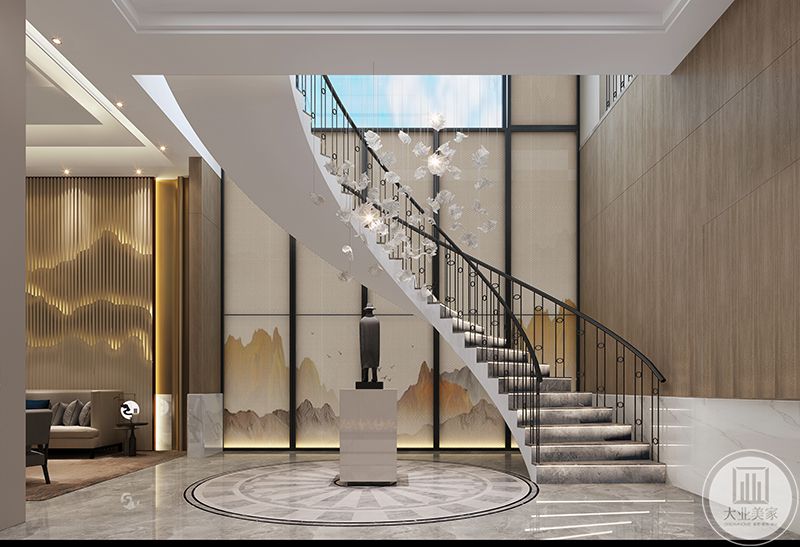 会客厅及楼梯区域背景墙都运用了山水画的元素，相互衬托，造型大气, 与本案设计风格相呼应。