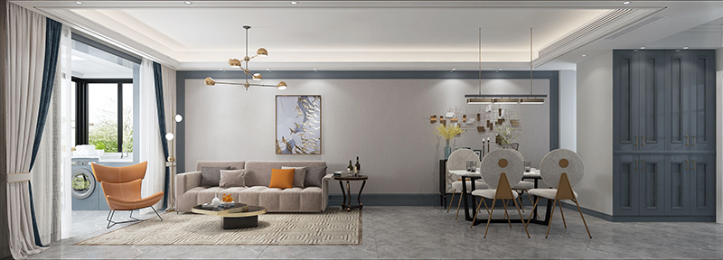 选择了暖色系家具，黄色的与米色对比又不冲出，与灰色空间融为一体，使温馨的家庭氛围更加浓郁。