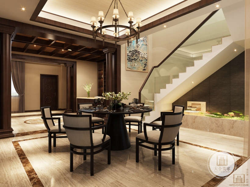 餐厅6人圆桌，与中厅、客厅风格统一，米黄色大理石砖铺贴，线条硬朗清晰，新中式风格装修效果图
