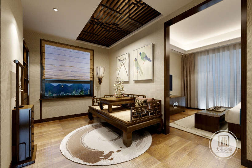 主卧内茶室木地板加圆形木色条纹地毯，茶座与吊顶的反射镜面相对，营造幽静的氛围，新中式装修效果图