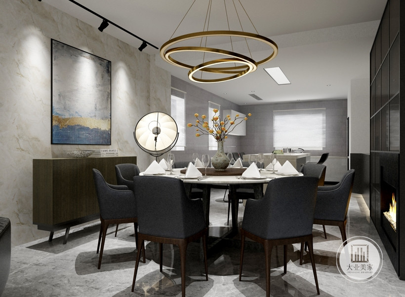 一楼 设计师通过绿墨漆与石材的搭配将客厅跟餐厅完美的融合在一起