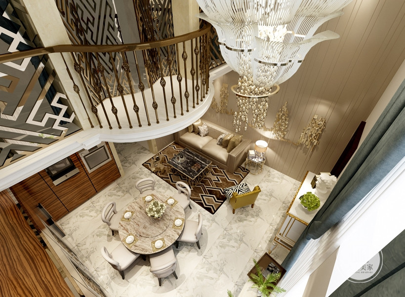 客餐厅上方挑空，浪漫大气，二楼挑台增加空间互动欧式装修风格根据现代审美的简化形成的，是目前别墅装修流行的风格之一。