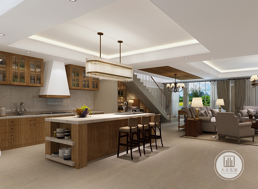 客餐厅， 开放式厨房的添加增加家庭的互动空间，橱柜色调与客厅相一致具有整体性，空间划分合理。