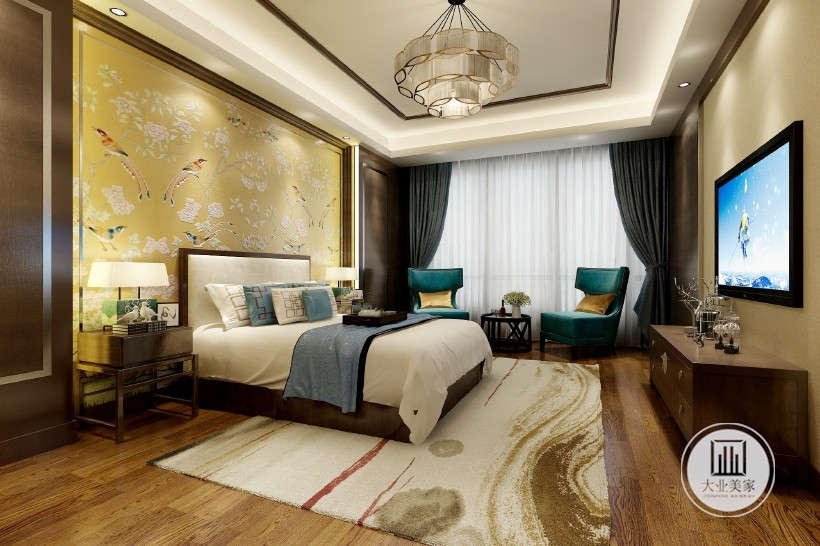 卧室整体空间以明黄色为主调，床头背景墙浮雕表现自然活力，木纹地板，流线图案地毯增加空间的动力，新中式装修风格效果图