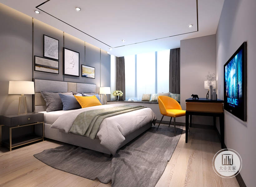 主卧室以灰色为主搭配一些黄色的家具，作为色彩的点缀让房间看起来多了一些年轻活泼的色彩