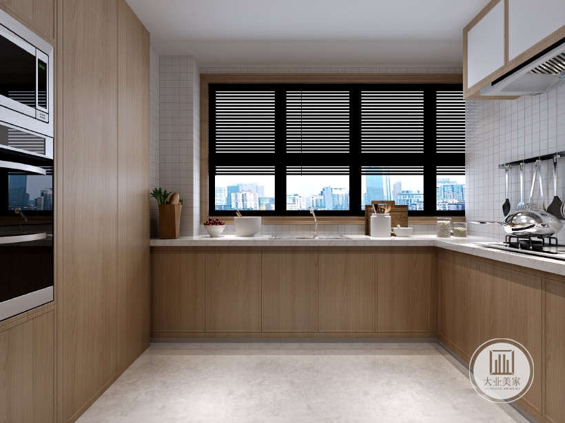 厨房，地面灰白色大理石瓷砖铺贴，定制木橱柜，白色大理石台面。墙面采用白色马赛克砖装饰。