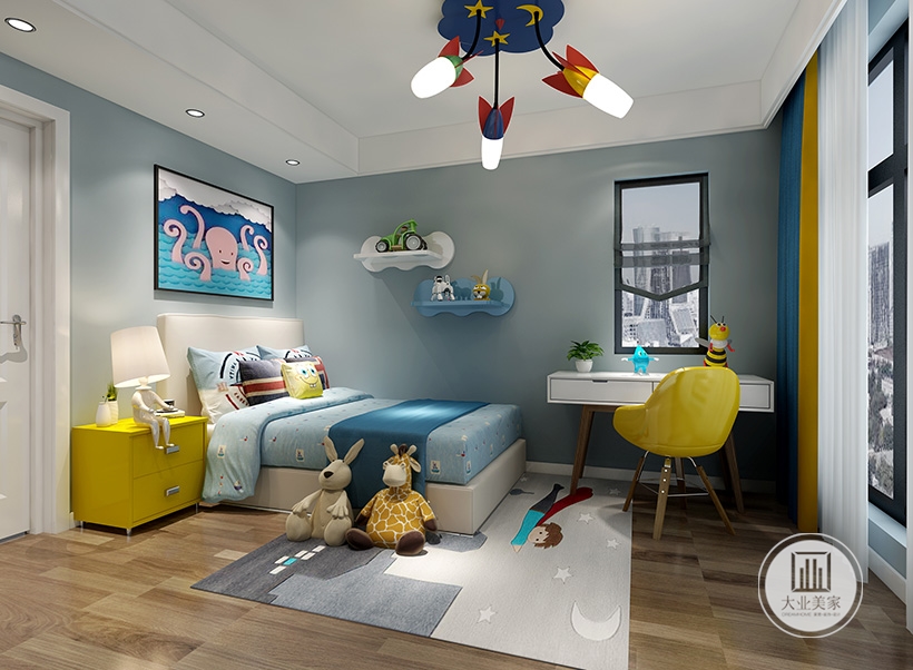 男孩子房间给人海底世界的感觉，蓝色的基调，看着很舒心，五颜六色的软装配饰，让空间很梦幻，给了孩子最好的生活空间。