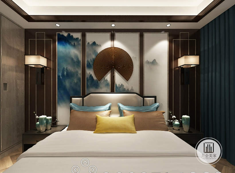 卧室一副山水画作为背景，在其基础上设置一副扇形造型，古风韵味自然而然的被突显出来，大气沉稳，雅致。