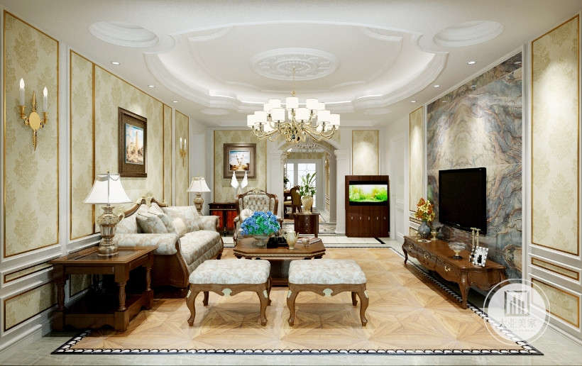 客厅墙壁石材的装饰，米黄色遇到白色浪漫的气息油然而生，尽显主人的风情和品位