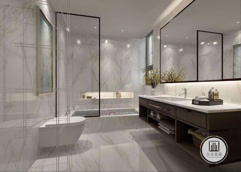 卫生间采用白色为主色调的设计明亮且整洁，干湿分离将洗手台和浴池做了简单的半隔开式