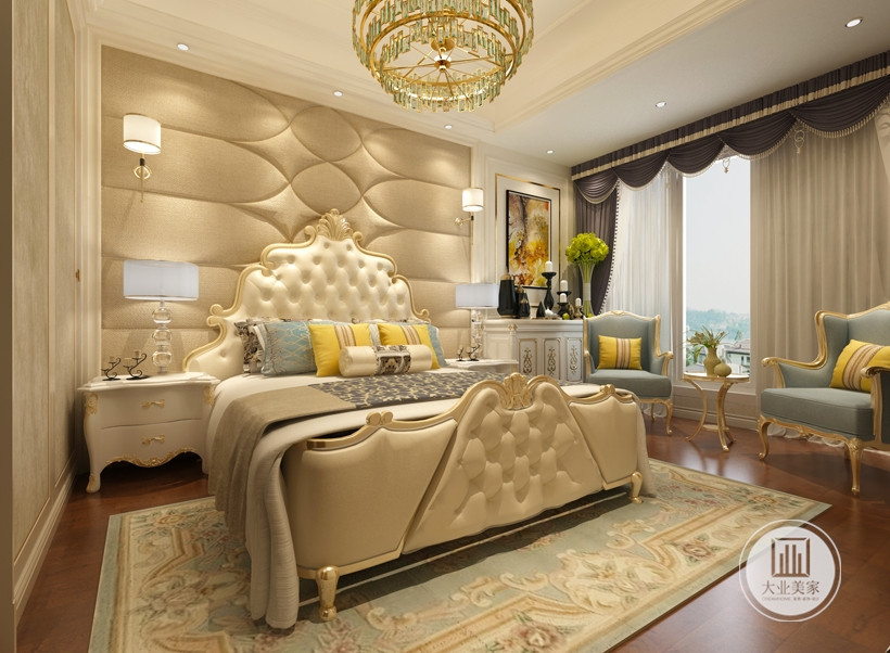 主人的卧室，采用米黄色的整体色调，搭配温情的欧洲风格，让主人拥有良好的休息空间结束忙碌一天的疲惫感