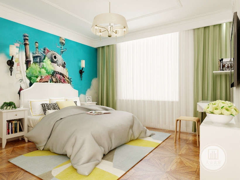 此间小卧室的设计以淡绿色的主色调，床头的背景和屋子的整体显得更加的紧凑，整个屋子看起来也更加的充满生机，适合孩子阳光心态的培养与健康的生长