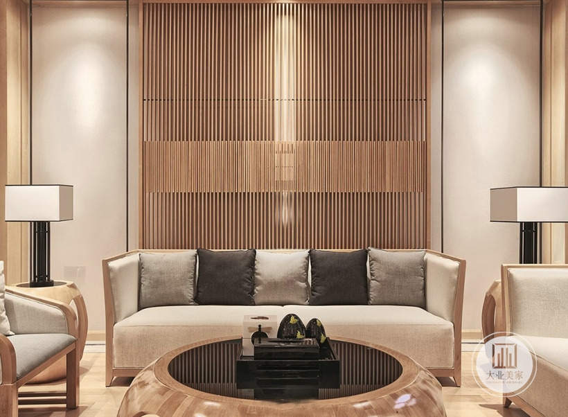 客厅，黄色调为主调，沙发背景镂空木栅格作为背景墙，木质软包灰色沙发，新中式风格装修效果图