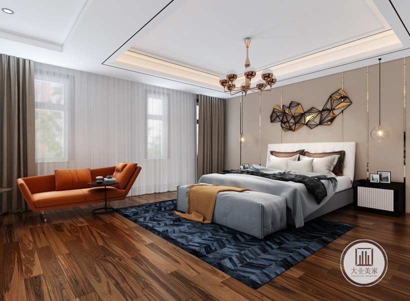 三层卧室以米驼色配以跳跃的橙色，符合年轻人对审美的一种追求。