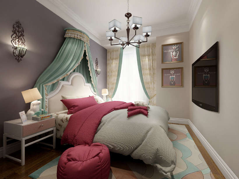 卧室的设计凸显美式浪漫，简单的装饰多元化的色彩搭配从中透着随意，独立，自由的气息