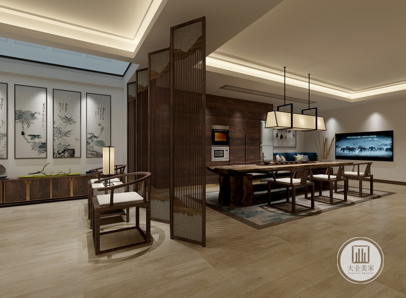 客餐厅之间保持一种开放的状态，使整体空间更具通透性。明清家具，窗棂，孕育出含蓄秀美的新中式风格。