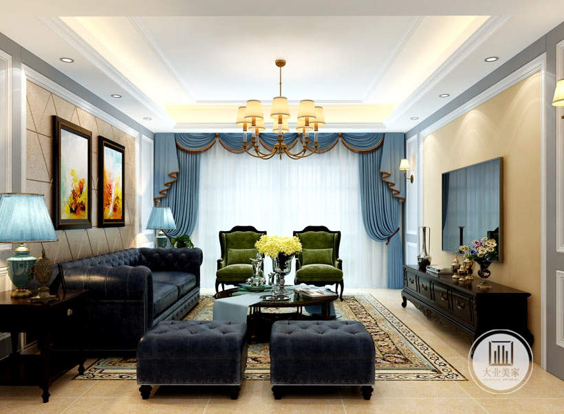 整体空间以米黄色调为主，客厅及主卧背景墙使用灰白色墙板，搭配灰蓝色的家具配饰，营造出空间的层次感，造就了其自在、随意的生活方式，没有太多造作的修饰与约束，不经意中也成就了另外一种休闲式的浪漫。