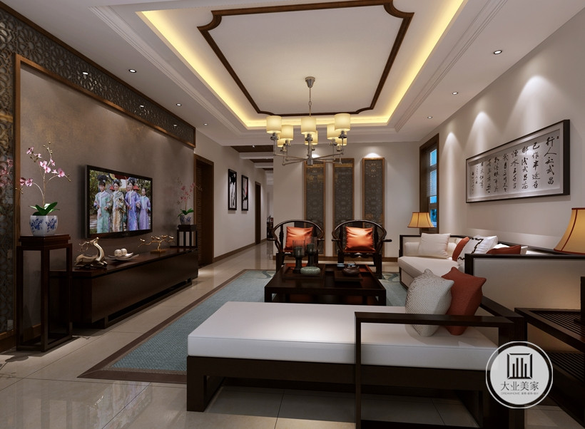 客厅，浓厚的中国风镂空花纹电视背景墙，古典的椅子