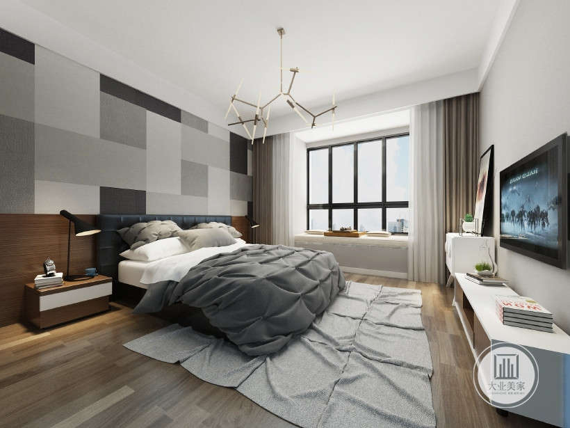 卧室不做多余造型，灰白色墙布搭配木饰面通铺，使整个墙面更具个性，空间大气又时尚，配上木色地板，给人非常舒适的感觉。