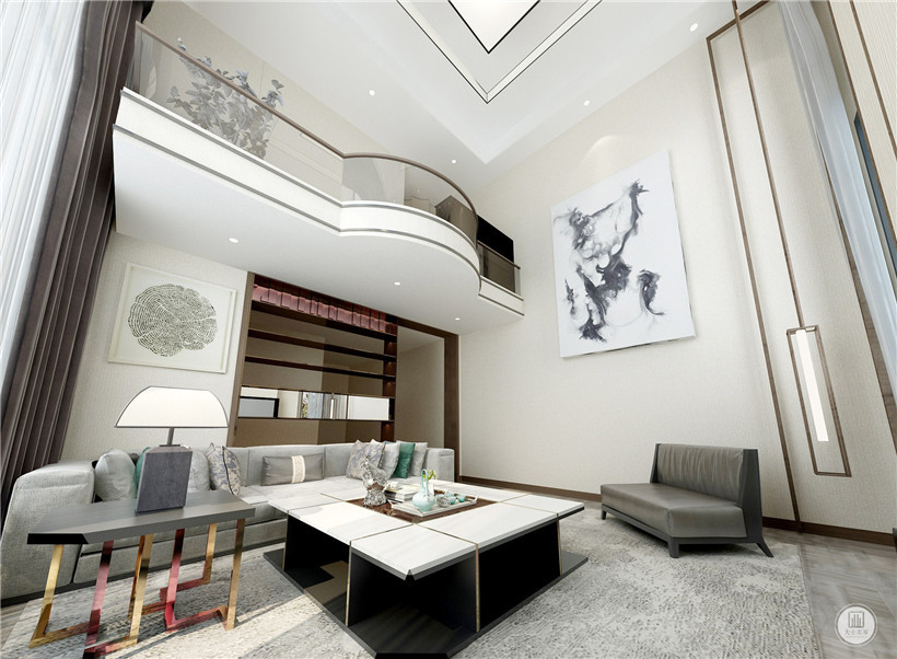 一楼整体以白色为主色调，线条直接从底到顶连贯性强，突出空间感，简约的装饰使得客厅明亮大气简洁舒适