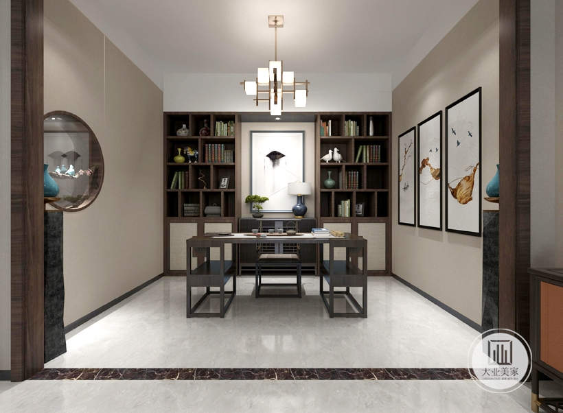 二层书房的设计为开放型的空间，采用古典的中式风格家具，为整饭后之余也可以在书香古地的体的环境中静读