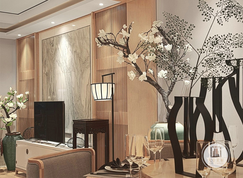 客餐厅，铁艺装饰和粗壮植物枝干装饰，新中式风格装修效果图