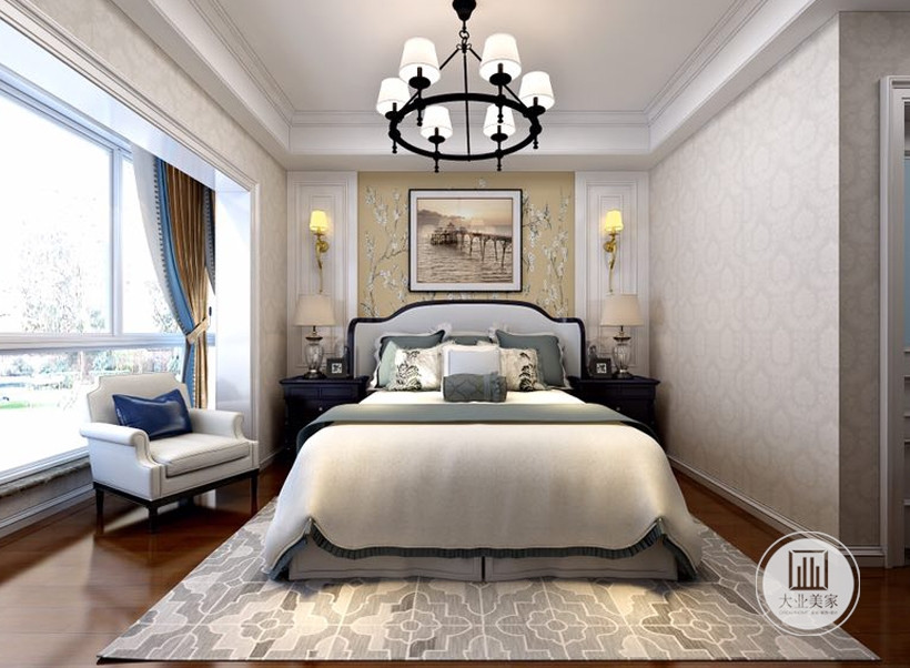 卧室铺贴印花式的浅色墙纸，大大的落地窗可以直观户外的美景，让睡眠空间更加舒畅。