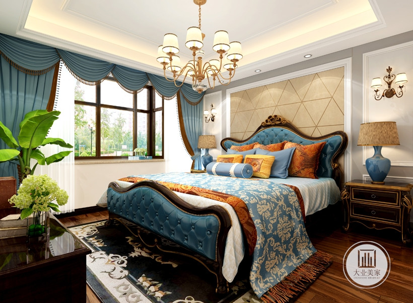 女主人追求浪漫，在卧室设计搭配蓝色的家具配饰，米色的背景墙菱形软包，营造出空间的层次感，整体浪漫温馨。