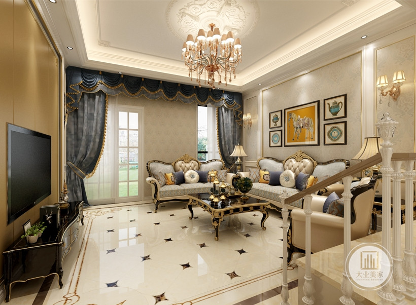 一层客厅用于休闲，家人交流，吃饭，设计师按照业主喜欢，大面积采用白色的护墙和奢华的家具。软装选择上偏厚重，使空间亮而沉稳。