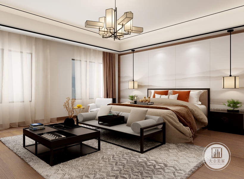 主卧，深色家具搭配白色坐垫、地毯、窗帘形成颜色反差，吊灯灯饰有清晰的线条感，新中式装修效果图